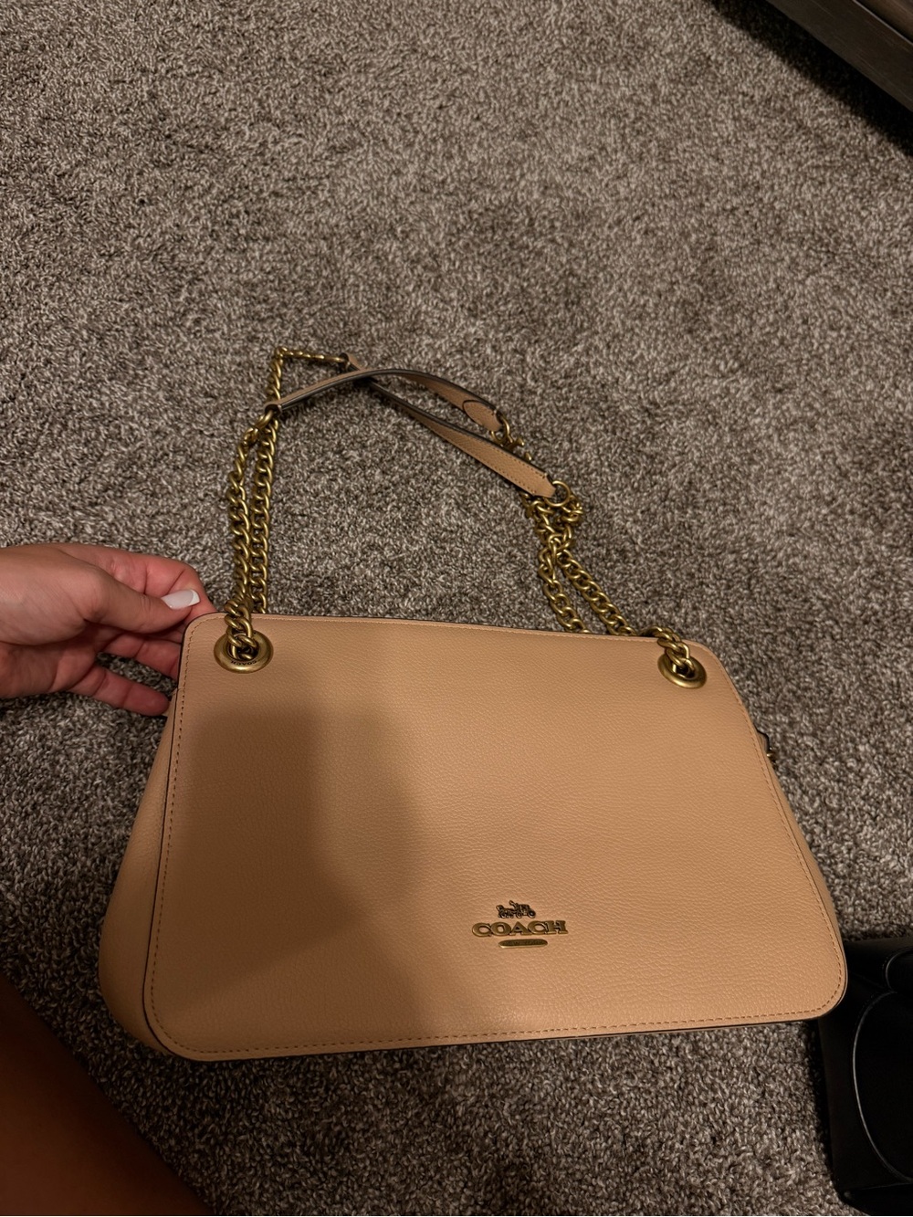 Coach Pebble Leather Shoulder Bag in Blush Tan with Gold Chain